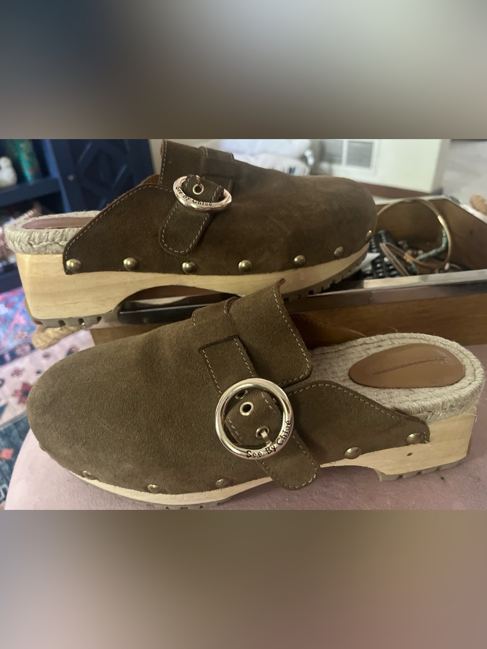 SEE BY CHLOE Brown Suede Leather Clog with Ring Buckle